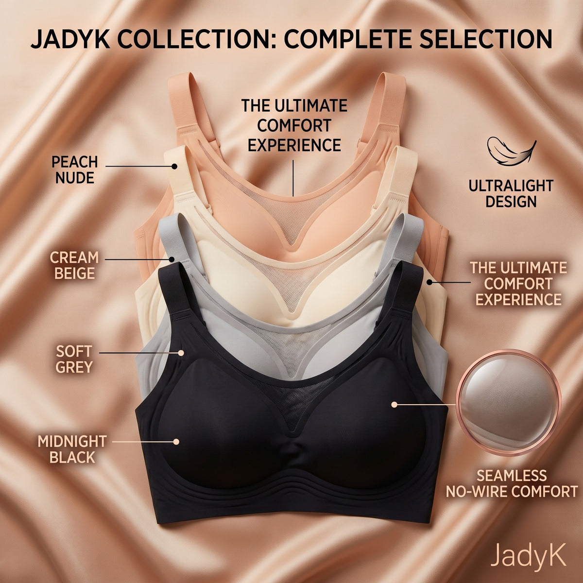 JellyLuxe bras shown in nude, cream, gray and black