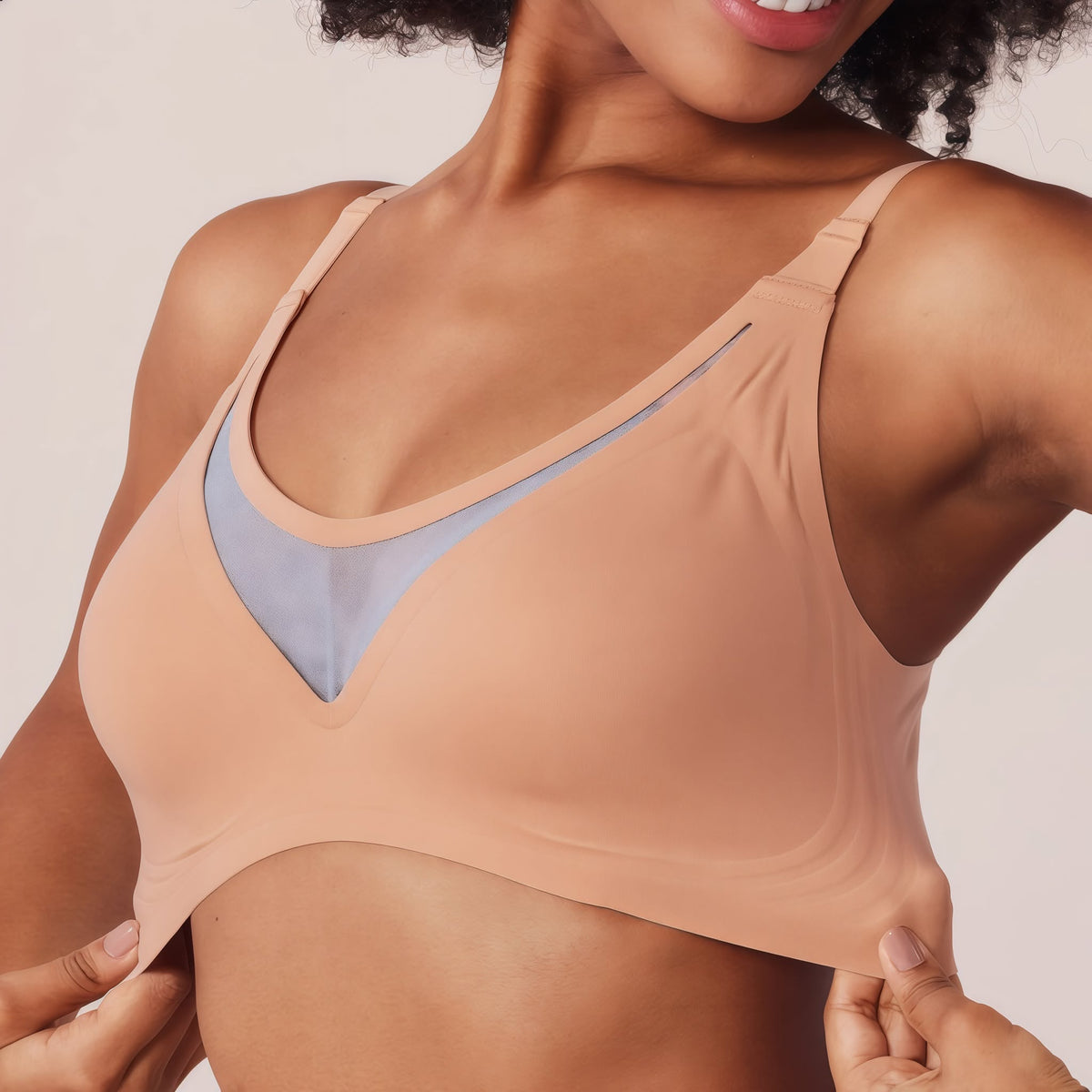 Close-up of the nude JellyLuxe bra and flexible fabric
